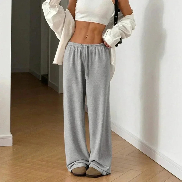 Light Grey Casual Women's Soft Knit Loose Fit Trousers - Picture 1 of 6